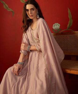 Pink vichitra silk embroidered anarkali kurta set 2