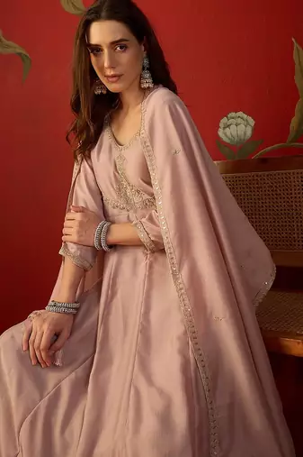 Pink vichitra silk embroidered anarkali kurta set