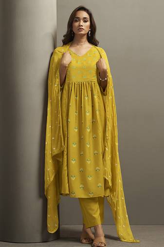 Mustard printed cotton blend anarkali