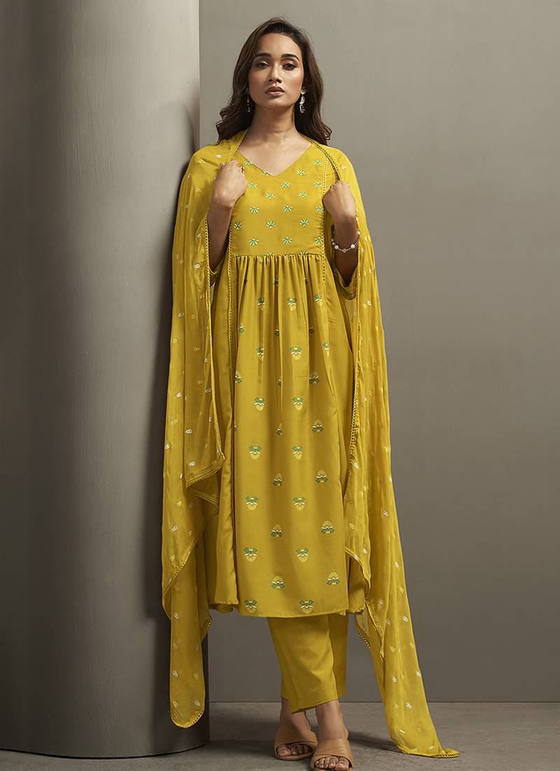 Mustard printed cotton blend anarkali