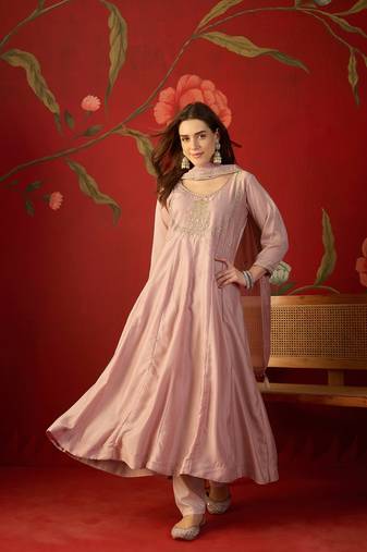 Pink vichitra silk embroidered anarkali kurta set