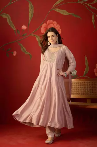 Pink vichitra silk embroidered anarkali kurta set
