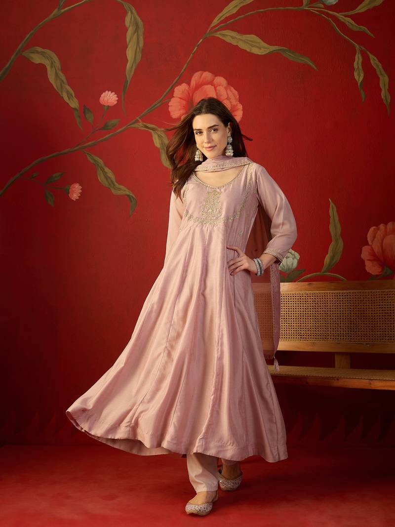 Pink vichitra silk embroidered anarkali kurta set