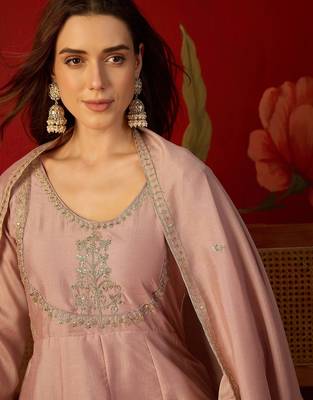 Pink vichitra silk embroidered anarkali kurta set 3
