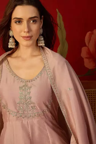 Pink vichitra silk embroidered anarkali kurta set