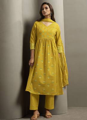 Mustard printed cotton blend anarkali 3