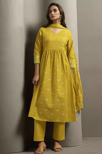 Mustard printed cotton blend anarkali