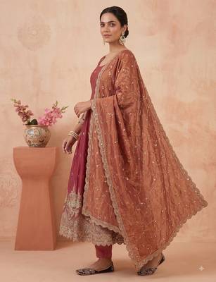 Peach colour embroidered georgette anarkali suit set with dupatta & pant 3