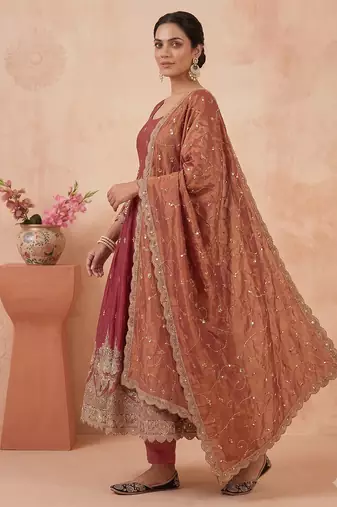 Peach colour embroidered georgette anarkali suit set with dupatta & pant