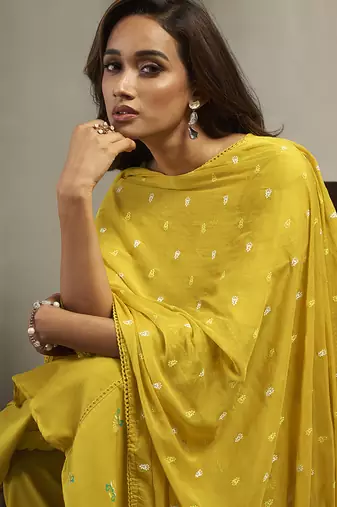 Mustard printed cotton blend anarkali