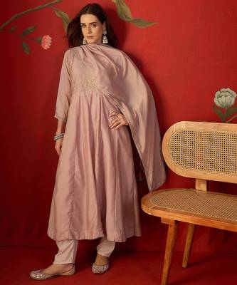 Pink vichitra silk embroidered anarkali kurta set 4