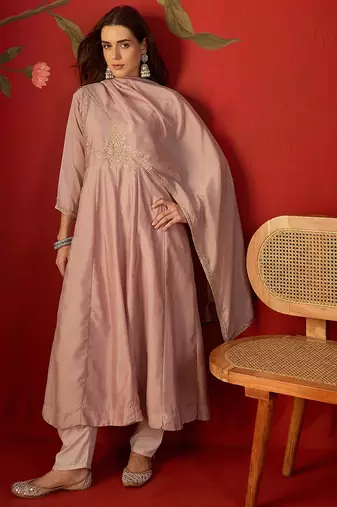 Pink vichitra silk embroidered anarkali kurta set