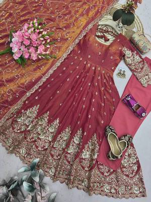Peach colour embroidered georgette anarkali suit set with dupatta & pant 4