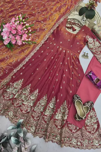 Peach colour embroidered georgette anarkali suit set with dupatta & pant