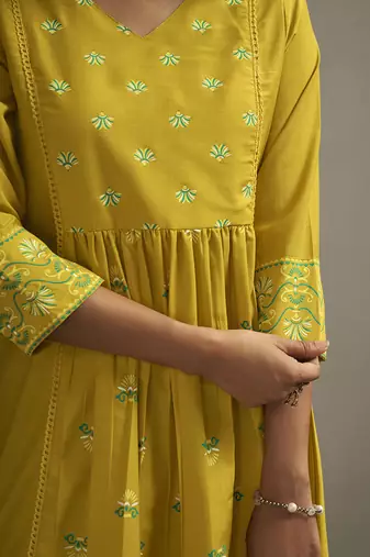 Mustard printed cotton blend anarkali