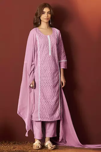 Pink embroidered schiffly pure cotton straight