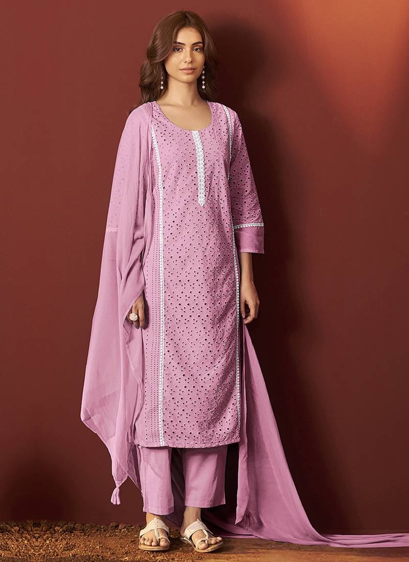 Pink embroidered schiffly pure cotton straight
