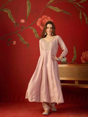 Pink vichitra silk embroidered anarkali kurta set 5