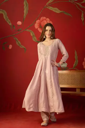Pink vichitra silk embroidered anarkali kurta set