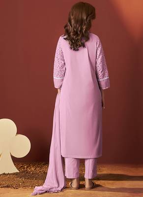 Pink embroidered schiffly pure cotton straight 2