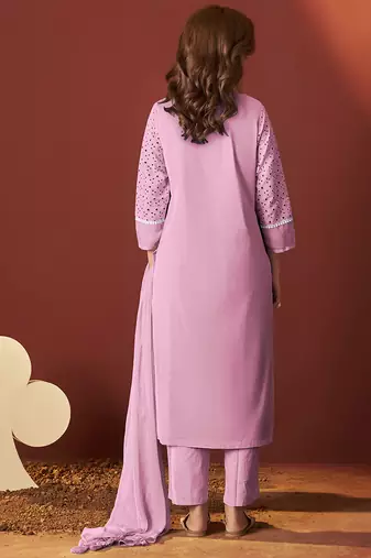Pink embroidered schiffly pure cotton straight