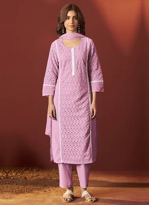 Pink embroidered schiffly pure cotton straight 3