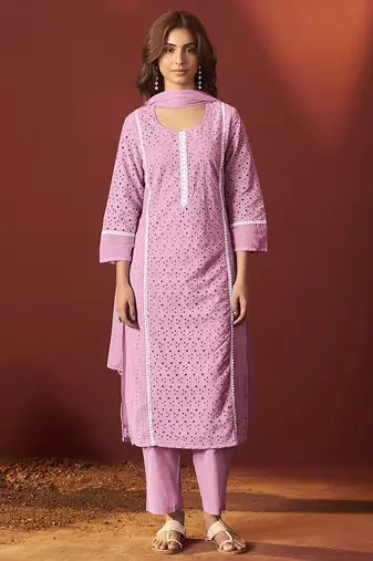 Pink embroidered schiffly pure cotton straight