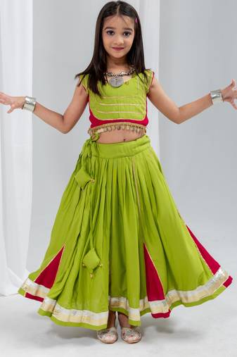 Navratri special hand crafted coin & tiny bell work lehenga with blouse for kids
