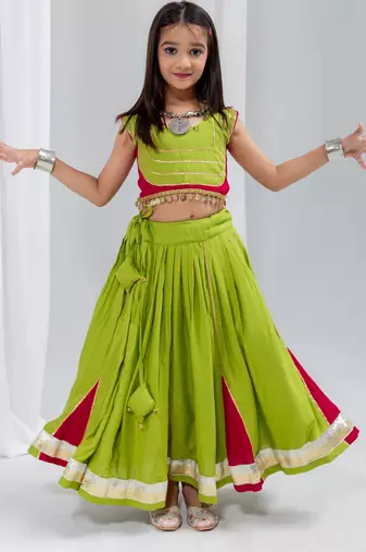 Navratri special hand crafted coin & tiny bell work lehenga with blouse for kids