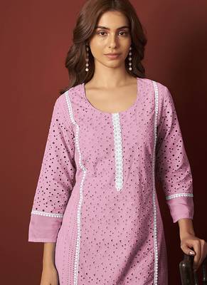 Pink embroidered schiffly pure cotton straight 4