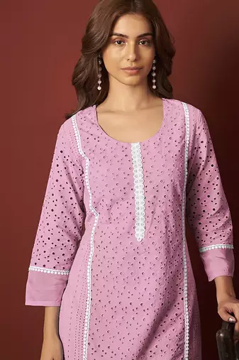 Pink embroidered schiffly pure cotton straight