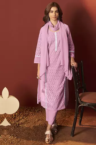 Pink embroidered schiffly pure cotton straight