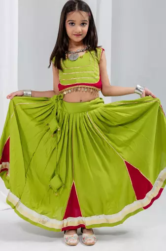 Navratri special hand crafted coin & tiny bell work lehenga with blouse for kids