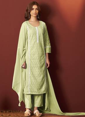 Pista green embroidered schiffly pure cotton straight 1