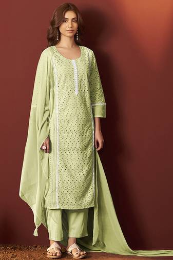 Pista green embroidered schiffly pure cotton straight