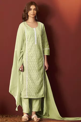 Pista green embroidered schiffly pure cotton straight