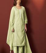 Pista green embroidered schiffly pure cotton straight