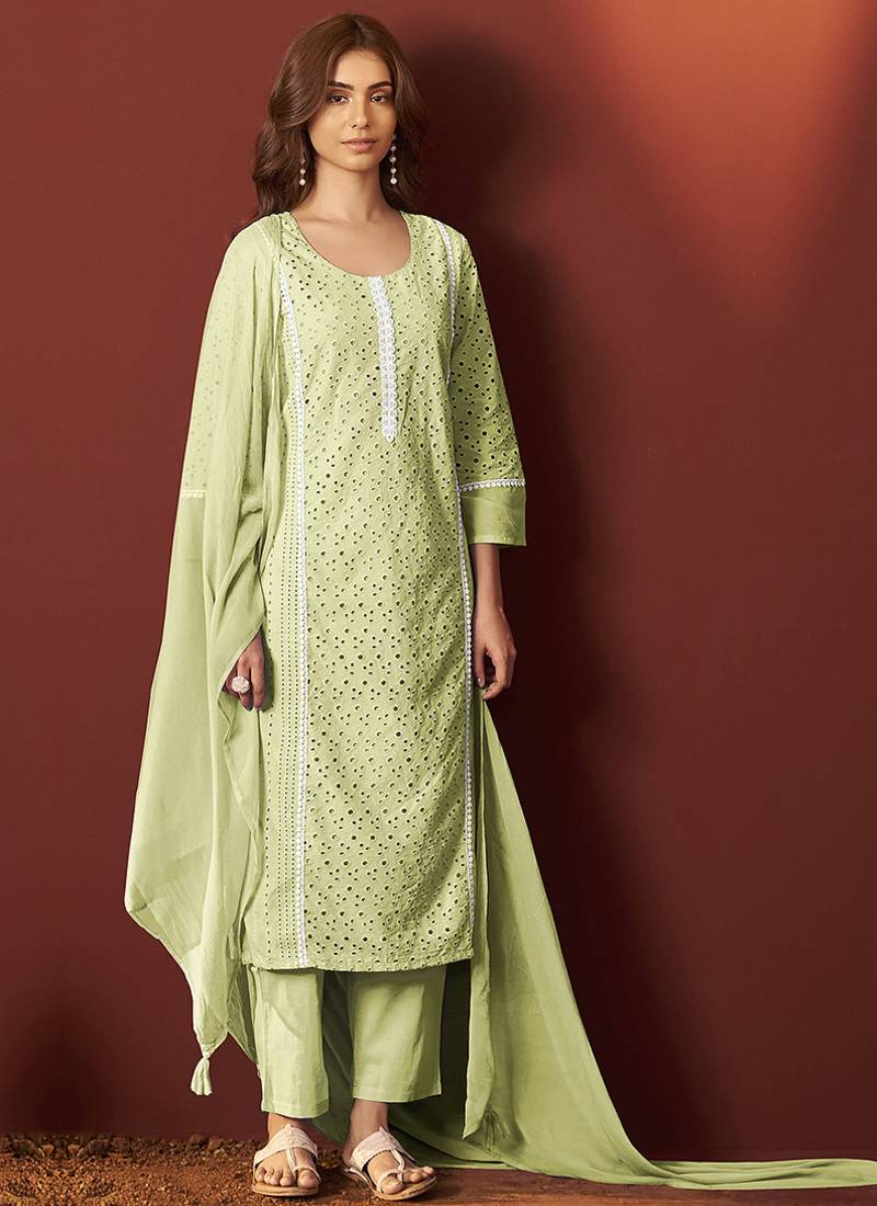 Pista green embroidered schiffly pure cotton straight