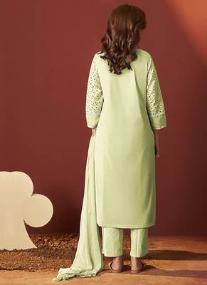 Pista green embroidered schiffly pure cotton straight 2