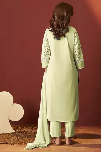 Pista green embroidered schiffly pure cotton straight