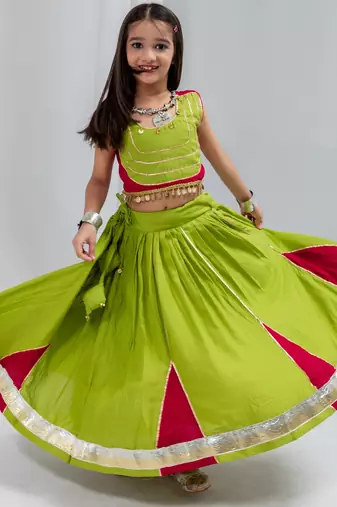 Navratri special hand crafted coin & tiny bell work lehenga with blouse for kids