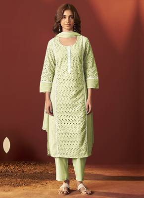 Pista green embroidered schiffly pure cotton straight 3