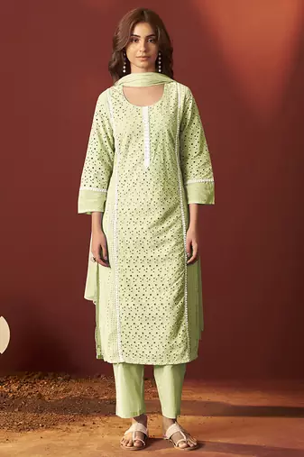 Pista green embroidered schiffly pure cotton straight