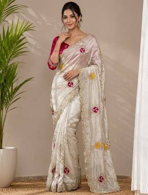 Cream tissue embroidery work saree with work blouse piece 1