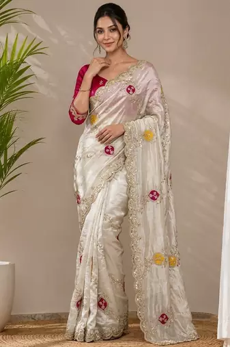 Cream tissue embroidery work saree with work blouse piece