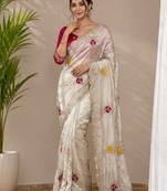 Cream tissue embroidery work saree with work blouse piece