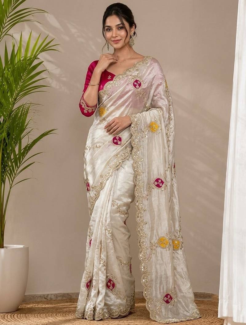 Cream tissue embroidery work saree with work blouse piece