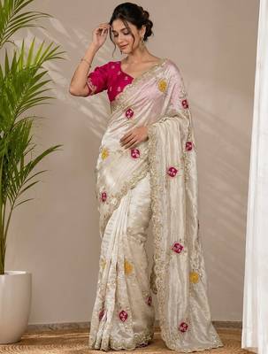 Cream tissue embroidery work saree with work blouse piece 2