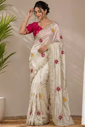 Cream tissue embroidery work saree with work blouse piece