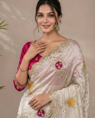 Cream tissue embroidery work saree with work blouse piece 3